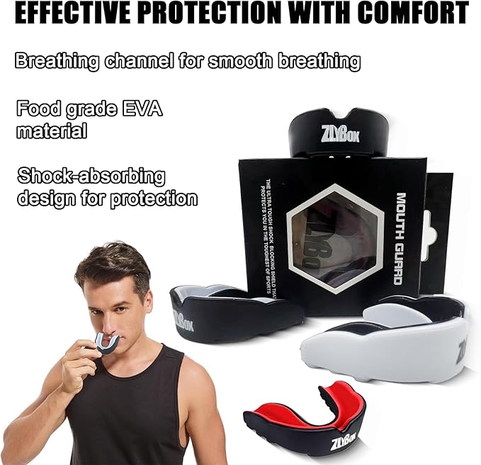 Dual-Layer Sports Mouth Guard for Adults & Youth with Case - Dental Protection for Boxing, Football, MMA, Hockey, Basketball, Lacrosse & All Contact Sports (Black red)