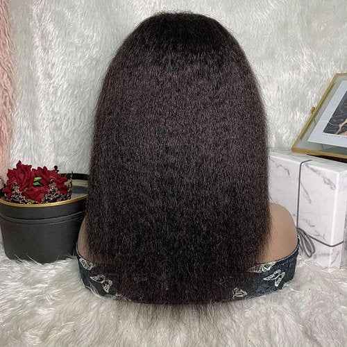 BLISSHAIR Yaki Kinky Straight Wigs Human Hair 13x4 Lace Frontal Wig Bob Wigs Human Hair Pre Plucked Density 100% Unprocessed Brazilian Hair Glueless Wigs for Women Natural Color (16Inch)