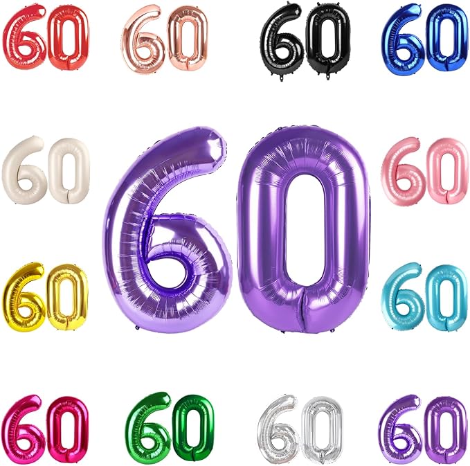 60 Balloon Number, Purple Number 60th Birthday Balloons 40 Inch, 60 Years Old Purple Birthday Decorations for Men Women, 60th Anniversary Decorations