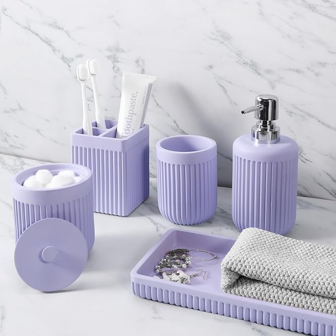 Resin Light Purple Bathroom Accessories Set 5 Pcs, Lotion Soap Dispenser, Toothbrush Holder, Bathroom Tumbler, Qtip Holder and Vanity Tray, Bathroom Countertop Organizer Set for Home Apartment