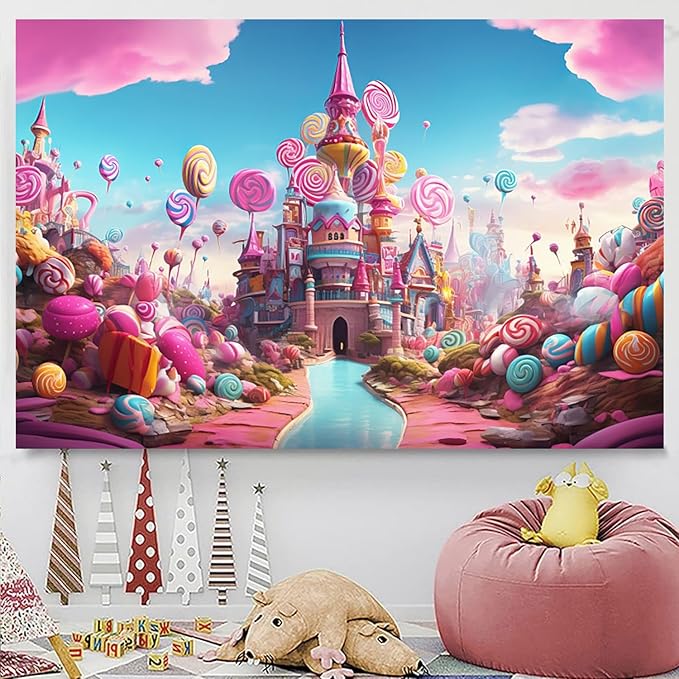 6x4ft Candyland Backdrop Fantasy Pink Castle Sweet Candy Photography Background Girls Birthday Candyland Theme Party Decorations Banner Photo Studio Props