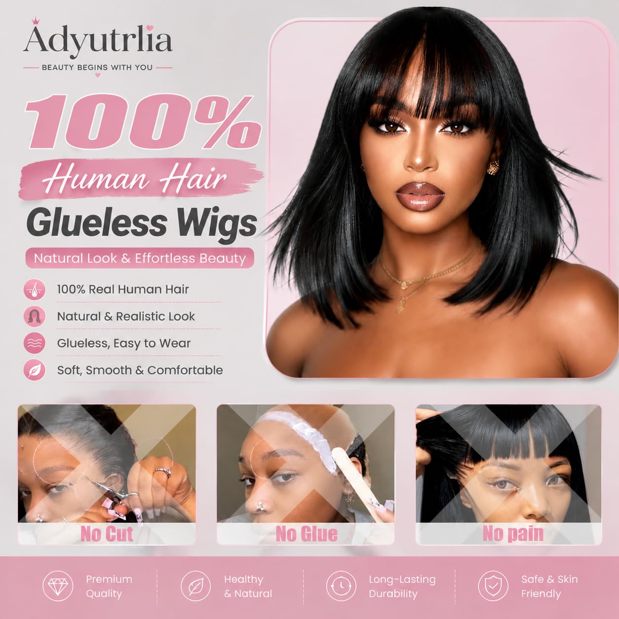 Adyutrlia Straight Bob Wig Human Hair With Bangs Glueless 2x4 HD Lace Colsure Wigs, Ready to Go Human Hair Wig Short Wigs Human Hair For Women Beginner Friendly (Natural Black, 10 Inch)