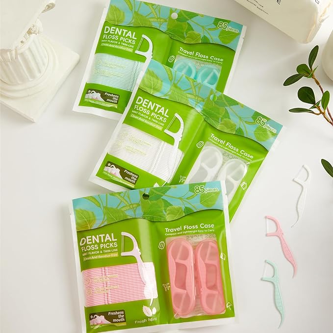 Pink Dental Floss Picks Twin Line, Travel Size Toothpicks Floss Sticks Kit 85 Count with 2 Portable Flossers Case On-The-Go Oral Care