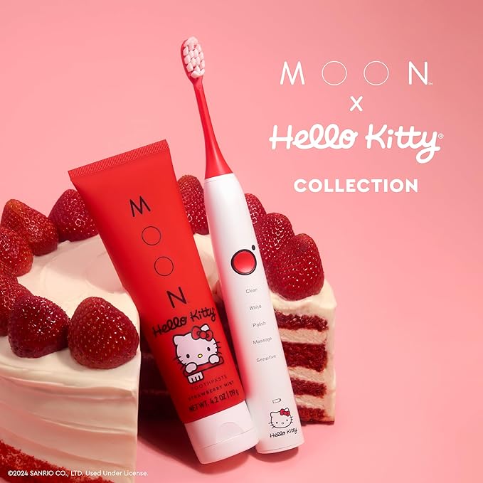 MOON x Hello Kitty Sonic Electric Toothbrush for Adults & Teens, 5 Smart Modes, Clean, White, Massage, Polish & Sensitive, Rechargeable, Travel Case, 2 Brush Heads, Industry-Leading 6 Week Charge