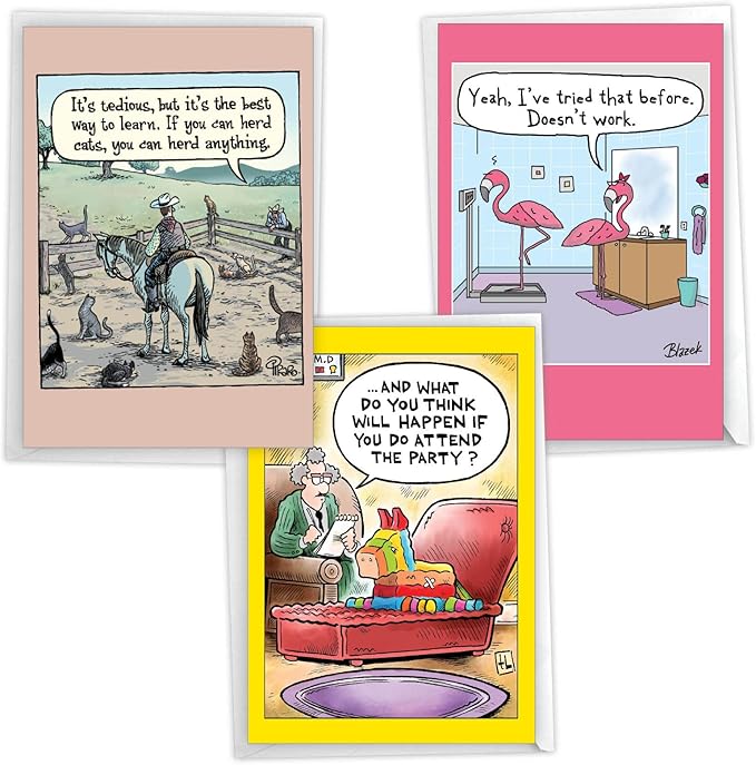 NobleWorks Assortment Pack of 3 Funny Birthday Greeting Cards with Envelopes (3 Designs, 1 Each) Celebration Toons VC8124BDG-C1x3