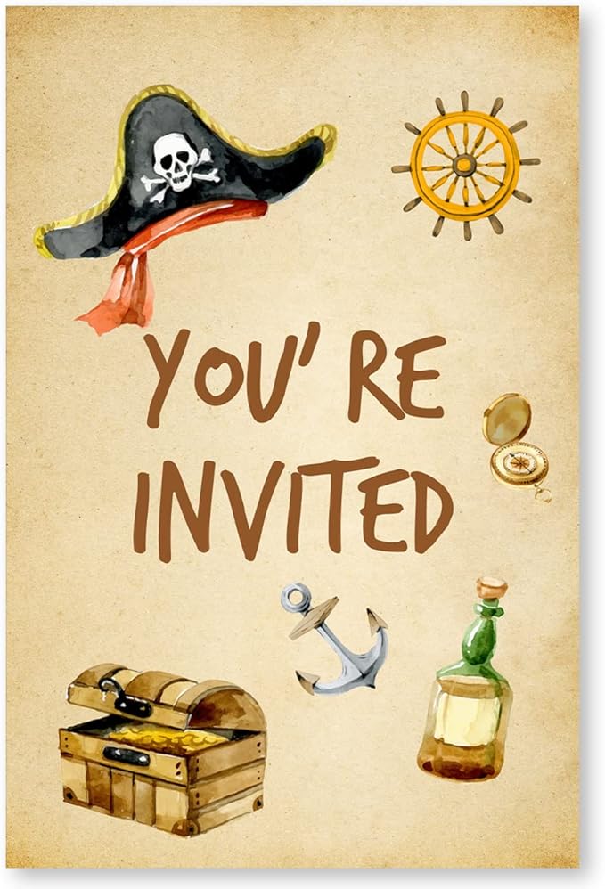 Soiceu Pirate Birthday Party Invitations with Envelopes Set of 20 Pirate Treasure Map Kids Birthday Party Invites