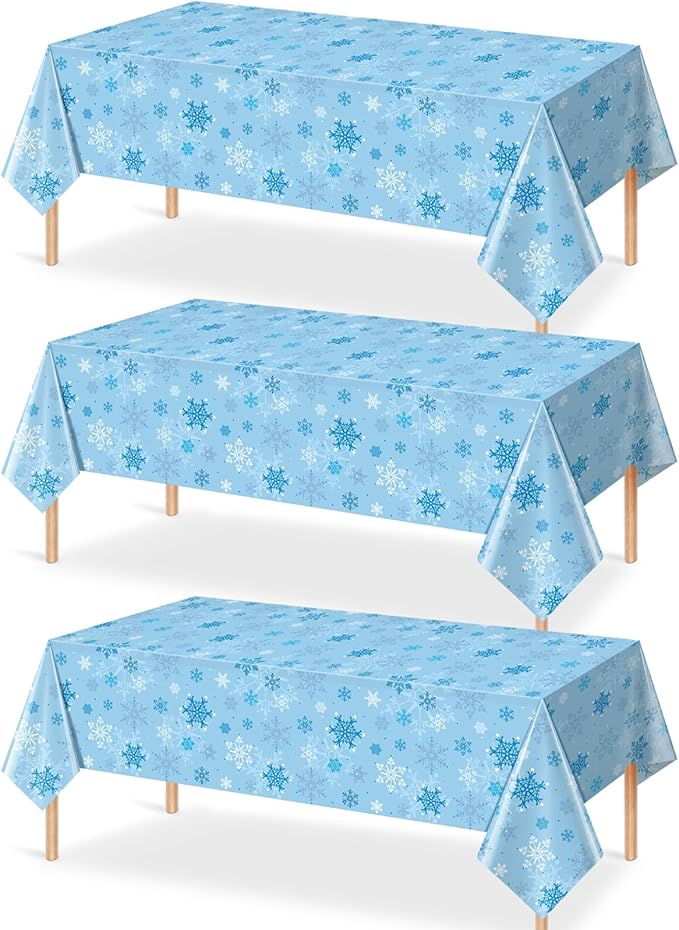 3 Pieces Snowflake Christmas Tablecloth, Plastic Ice Blue and White Winter Wonderland Table Cover for Holidays, 54x108 inch