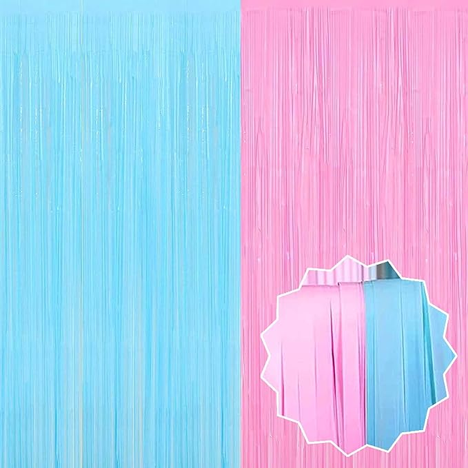 6 Pack Macaron Pink Blue Foil Fringe Curtains Backdrop, 3.28 x 9.8 Ft Metallic Streamers Tinsel Curtains Background for Photo Booth, Birthday, Halloween, Christmas, New Year Party Decorations