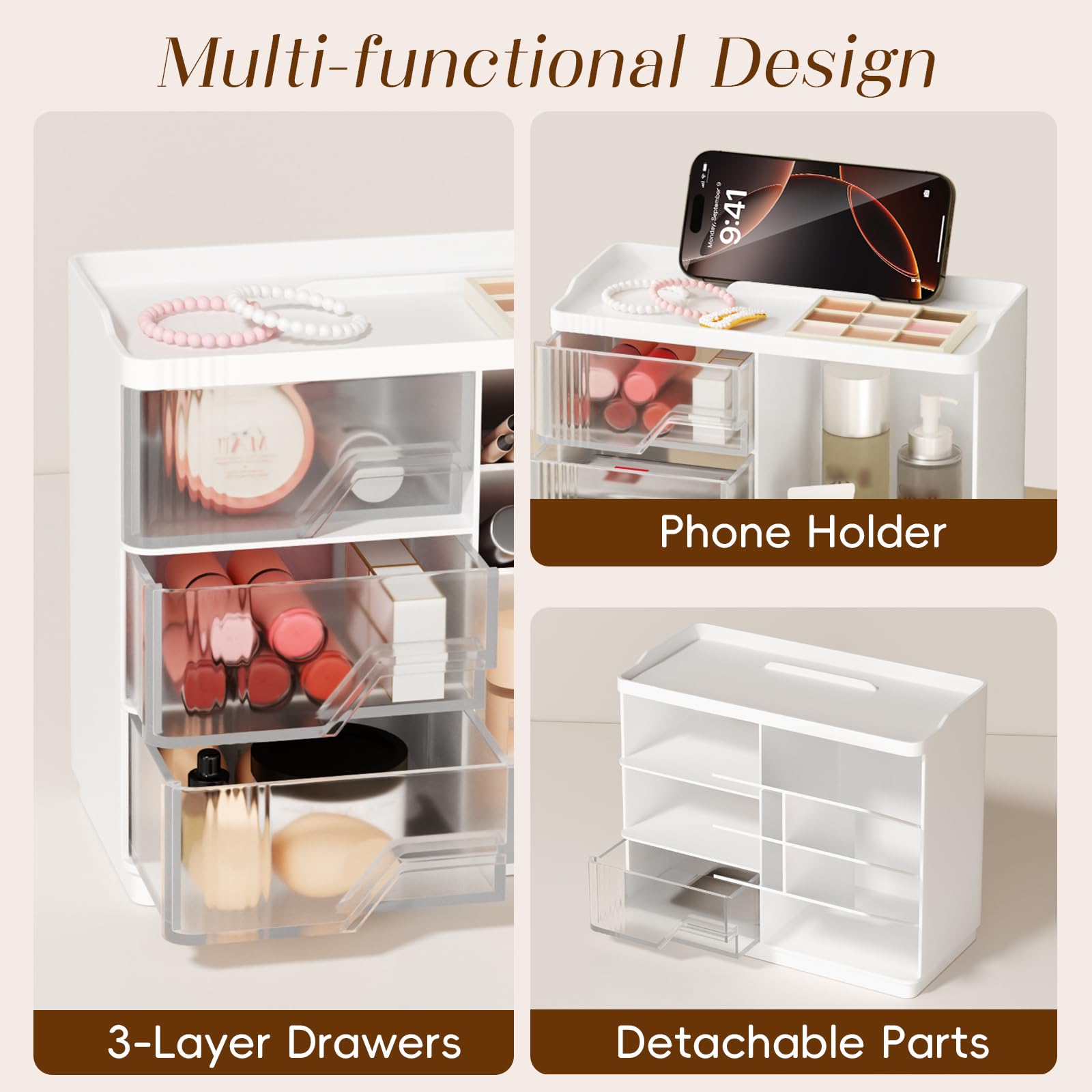 Small Makeup Organizer with Drawers, Stackable Bathroom Couneter Organizer with Phone Holder, Versatile Vanity Organizer Countertop, Cosmetic Organizer for Makeup Brush, Skin Care, Lotion -White,1Pack