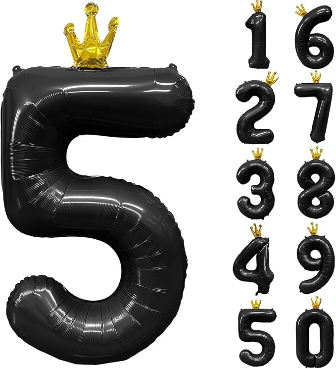 Black Number 5 Balloon with Crown, 40 inch Black Number Balloon 5th Birthday Party Decoration black Crown Balloons 0-9 for Birthday Party Anniversary Decorations Supplies