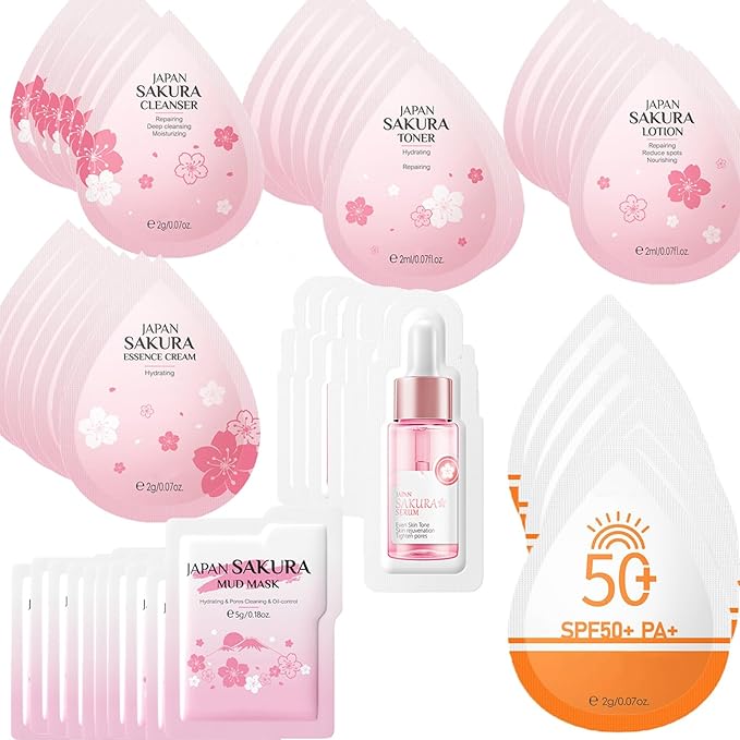 Mini Travel Skincare Products, Mini Travel Items Including Isolation Cream, Face Wash, Serum, Toner, Lotion, Cream, Sakura Mud Mask, Face Skin Care Routine Kit Organic Skin Care Set (VC 70 pieces)