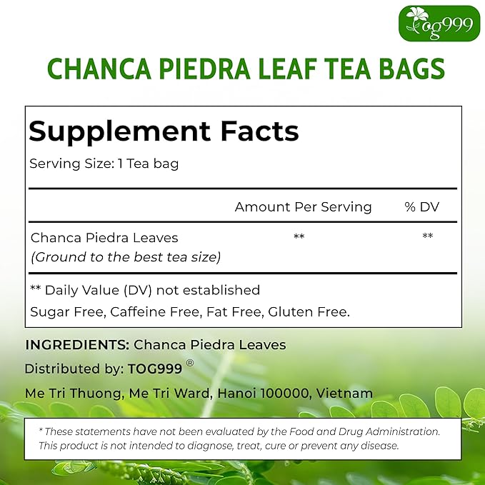 TOG999, 60 Tea bags Dried Chanca Piedra Leaves, Chanca Piedra Tea “Stone Breaker” 100% Natural & Pure. Made with Natural Material Tea Bags. No Sugar, No Caffeine, No Gluten, Vegan.