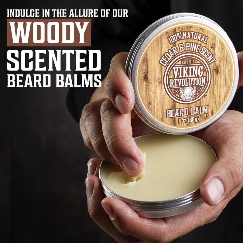 Viking Revolution 4 Beard Balm Variety Pack (1oz Each) - Sandalwood, Pine & Cedar, Bay Rum, Clary Sage - Styles, Strengthens and Softens Beards and Mustaches - Wax for Men