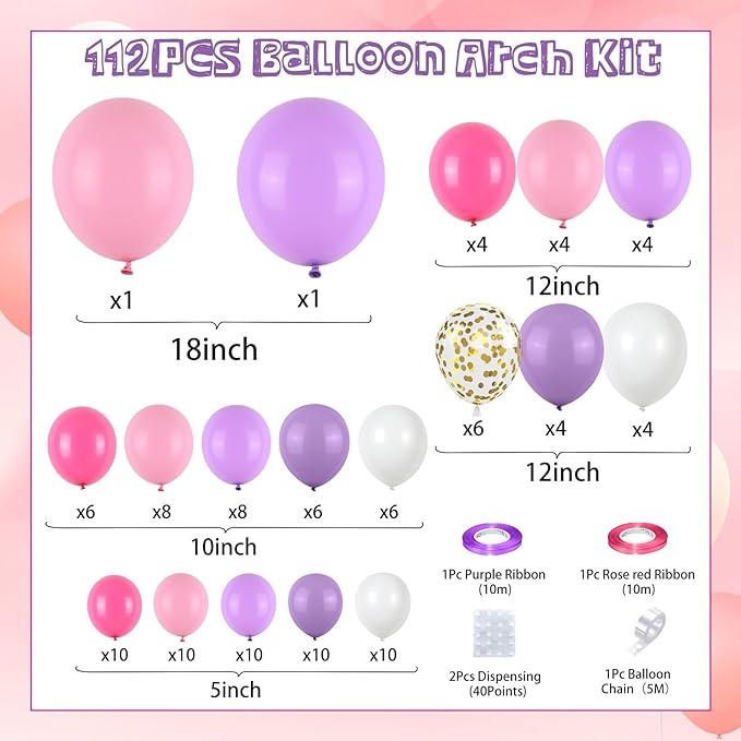 Pink and Purple Balloon Garland Arch Kit, Butterfly Balloon Arch Kit with Hot Pink Purple Gold Confetti Balloons for Bridal Shower Wedding Butterfly Birthday Party Decoration