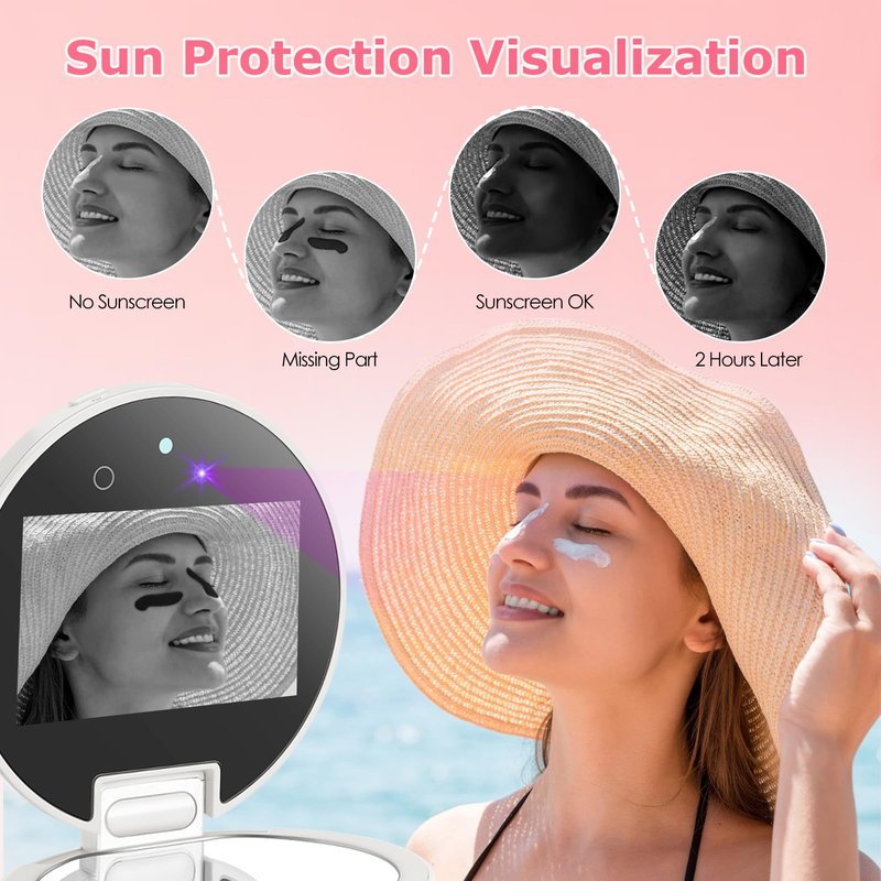 Vanexiss UV Camera for Sunscreen Test UV Mirror Sunscreen Camera, 3.8 Inch Rechargeable 2X Magnifying Vanity Mirror with Light Handheld Double-Sided Pocket Mirror for Skin Protection(White)