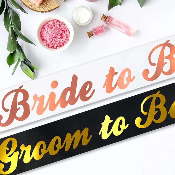 2 Pcs Bride to Be and Groom to Be Sash, Black & White Bachelorette & Bachelor Sashes for Bridal Shower Wedding Hen Party Decorations Lucky Mr & Future Mrs Engagement Gifts (Gold, Rose Gold Foil)