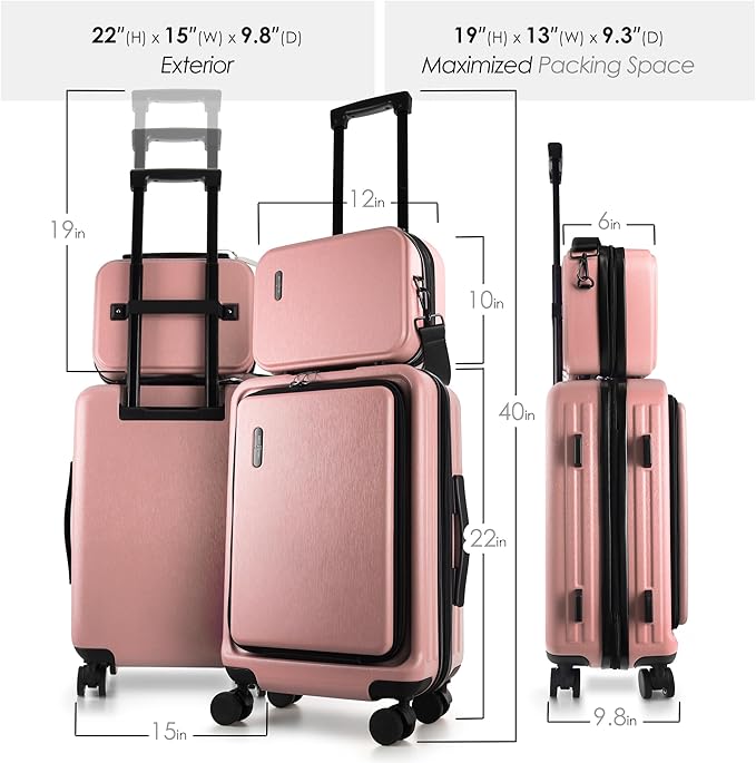 TRAVELARIM 20 Inch Carry On Luggage 22x14x9 Airline Approved, Carry On Suitcase with Wheels, Hard-shell Carry-on Luggage, Durable Luggage Carry-On, Pink Small Suitcase with Cosmetic Case