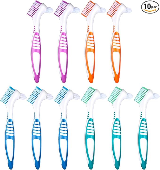 10 Pcs Denture Brush for False Teeth Denture Care Cleaning Brush Double Sided Toothbrush Portable Soft Multi-Layered Bristles Cleaner Brushes Ergonomic Rubber Handle