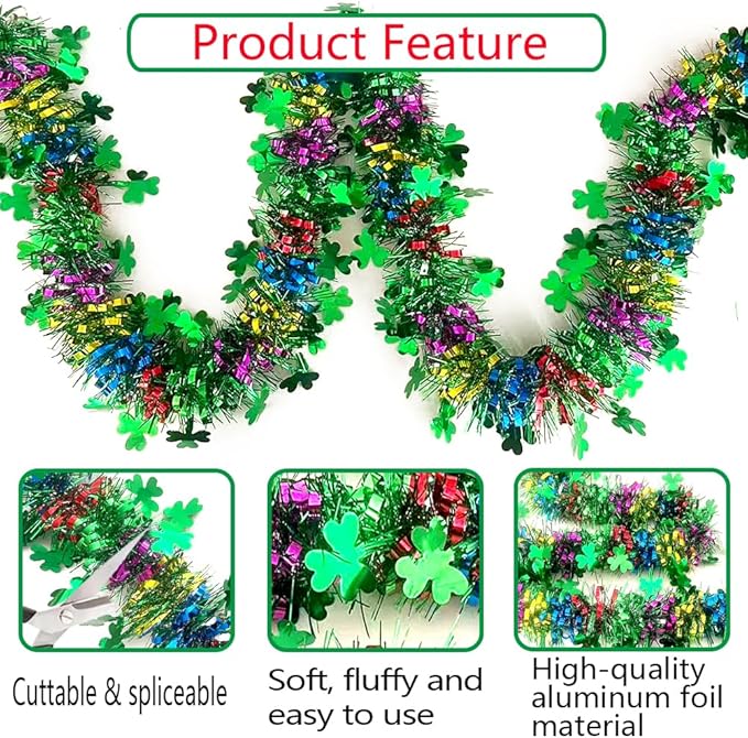 33Ft St Patrick's Day Tinsel Twist Garland Decorations Shiny Thick Shamrock Metallic Foil Wreath for St Patricks Day Irish Festival Party Parade Floats and Other Holidays Hanging Decor Supplies