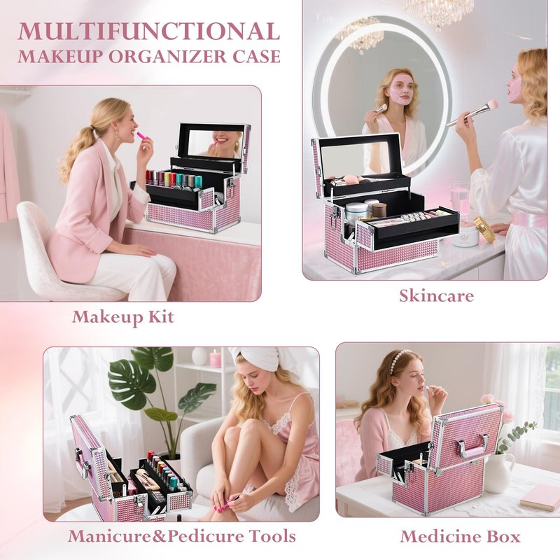 Joligrace Large Makeup Box Organizer, 12 Inch Makeup Train Case with Mirror, Cosmetic Travel Case with 3 Trays, Lockable Train Case for Makeup Artists & Nail Tech Supplies Pink