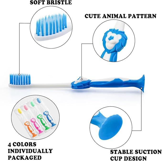 Disposable Toddler Toothbrushes - Pack of 20, Manual Suction Cup Bulk Kids Toothbrushes Individually Wrapped Animal Toothbrush for Home, School, Camp, Daycare, Travel