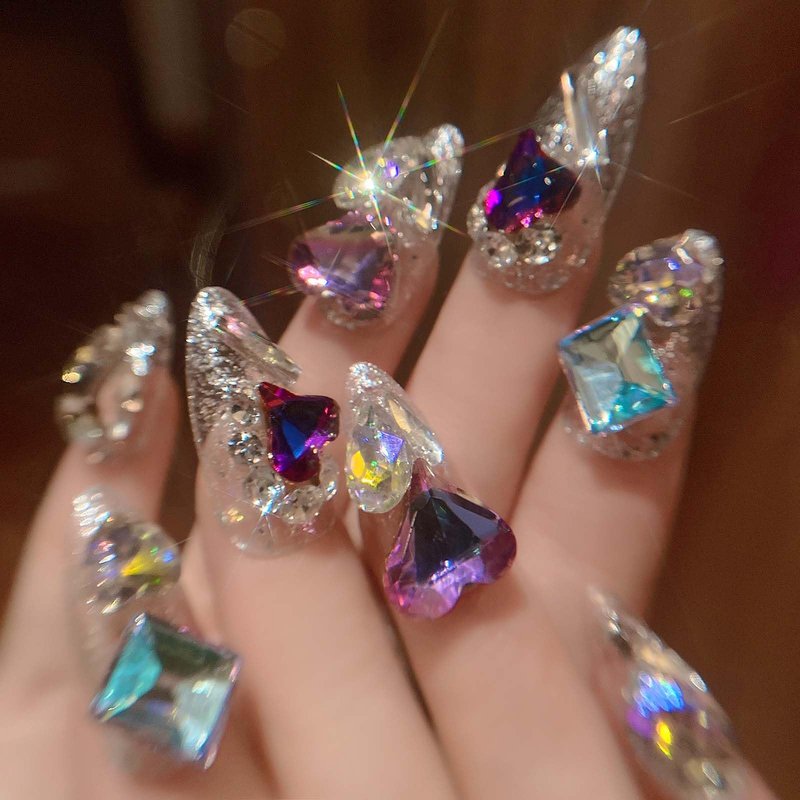 QQPPOLIU Almond Press on Nails Medium False Nails Stiletto Handmade Glue on Nails with 3D Big Jewel Rhinestones Designs Full Cover Nails Silver Glitter Press Ons Gift for Mother's day (Transparency)