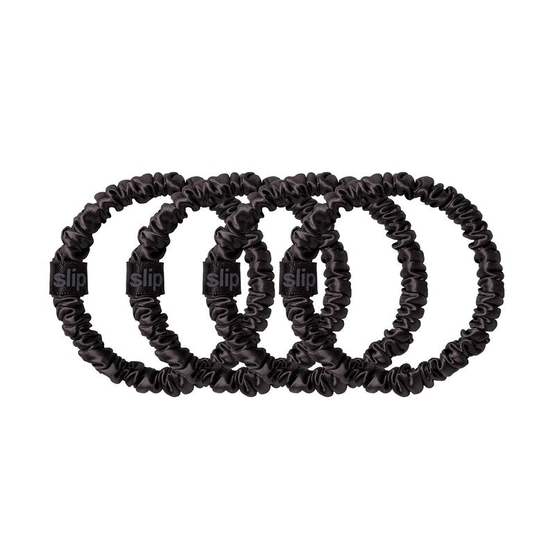 Slip Silk Hair Ties — Skinny Silk Black Scrunchies, No Damage, No Crease, Anti-Breakage |100% Mulberry Silk | All Hair Types | Made with Proprietary Slipsilk™ | Set of 4
