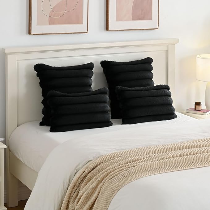 FUTEI Black Decorative Throw Pillow Covers 26x26 Inch Set of 2, Square Soft Faux Rabbit Fur Thick Striped Euro Pillow Shams,Winter Home Decor for Couch Bed Living Room