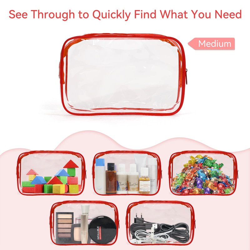 TISRATOK 12 PCS Clear Makeup Bag for Women with Zipper, TSA Approved Toiletry Pouch, Cosmetic Bag Bulk for Travel Organizer Essentials - Red, Medium