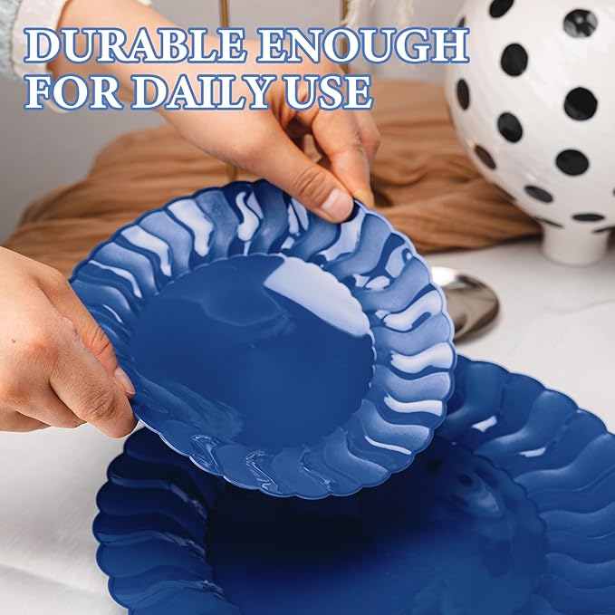 Lullaby 60PCS Navy Blue Scalloped Plastic Plates, Disposable Elegant Party Plates Include 30pcs Dinner Plate 10.25", 30pcs Plastic Dessert Plate 7.5", Perfect for Wedding and Party