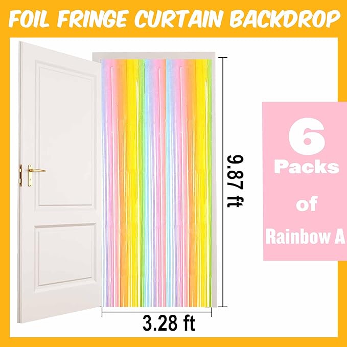 6 Pack Rainbow A Foil Fringe Curtains Backdrop, 3.28 x 9.8 Ft Metallic Streamers Tinsel Curtains Background for Photo Booth, Birthday, Halloween, Christmas, Thanksgiving, New Year Party Decorations