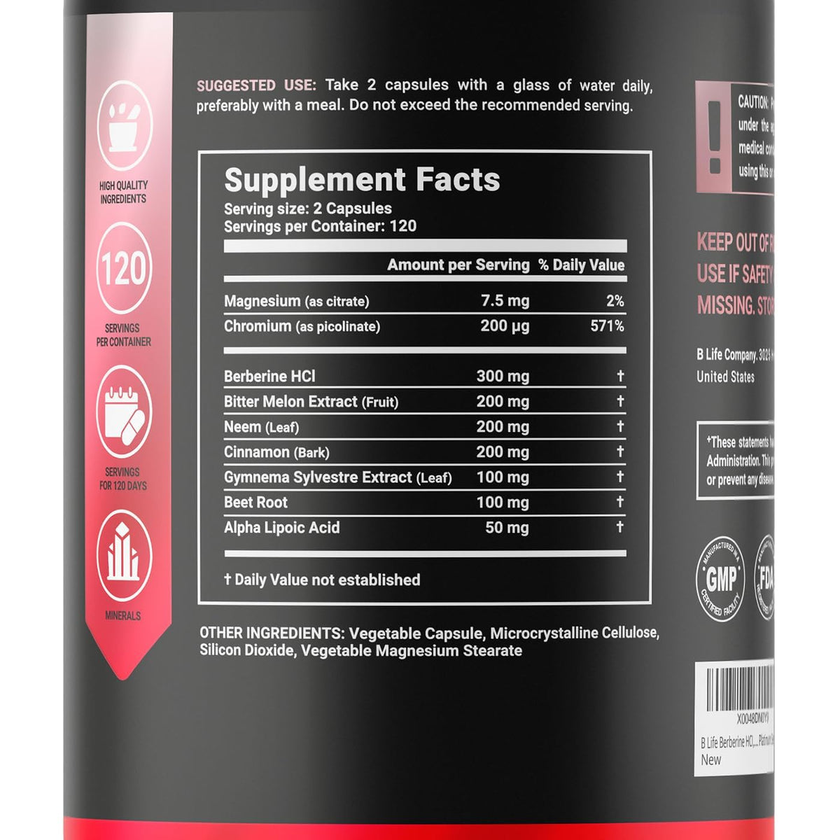 Berberine Complex+ Supplement | 240 Capsules – 60 Day Supply | with Berberine HCl, Bitter Melon Extract, Neem & More | Natural Wellness Formula | Platinum Series by B Life | Made in USA