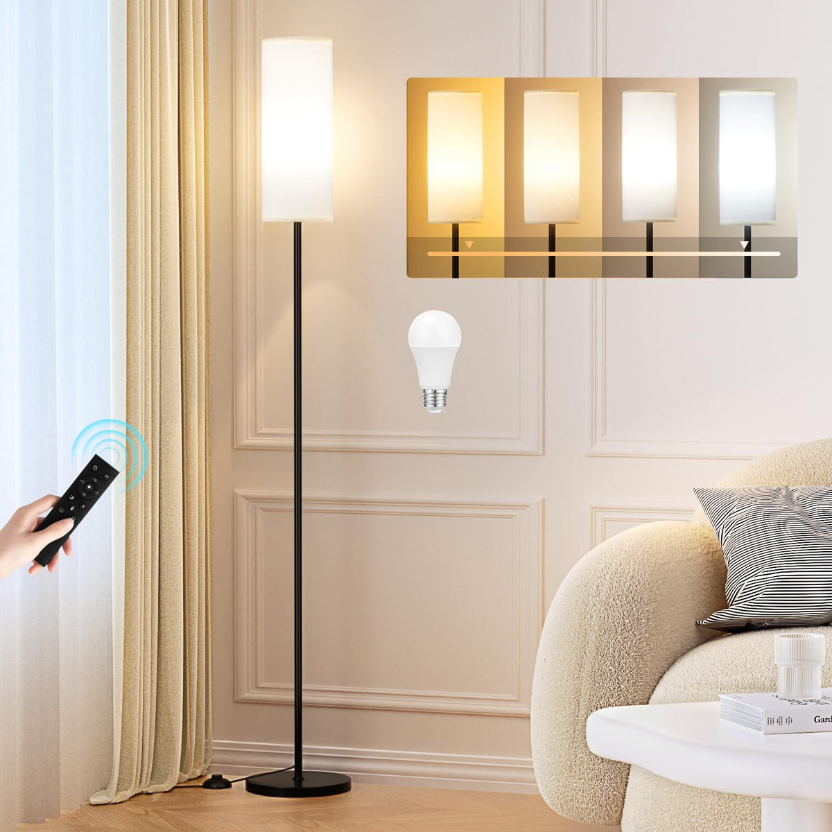 Ambimall Floor Lamps for Living Room, 64" Modern Floor Lamp with Remote Control and Stepless Dimmable Colors Temperature & Brightness, Standing Lamps for Living Room Bedroom Office, 9W Bulb Included