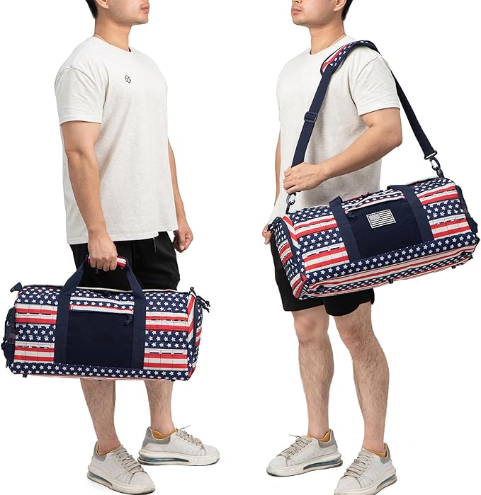 QT&QY 40L Military Tactical Duffel Bag For Men Sport Gym Bag Fitness Tote Travel Duffel Bags Training Workout Bag With Shoe Compartment Basketball Football Weekender Bag patriot Star Spangled