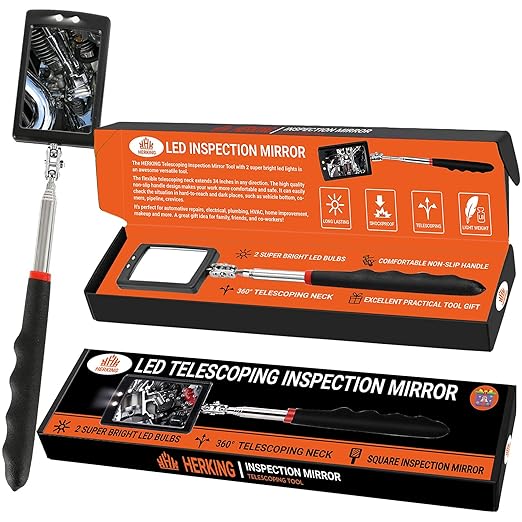HERKING Stocking Stuffers for Men - Telescoping Inspection Mirror with LED Light, Square Mechanic Mirror Tool, Christmas Gifts for Men, Mens Gifts Idea for Dad, Husband, Boyfriend, Handyman