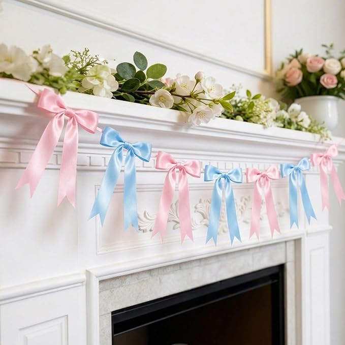 2 Strings Baby Pink & Blue Bow Garland Banner Decorations, 16Pcs Pre-Strung Satin Ribbon with 6.7ft Chain for Pink Blue Ribbon Bow Banner Coquette Room Birthday Baby Shower Gender Reveal Party Decor