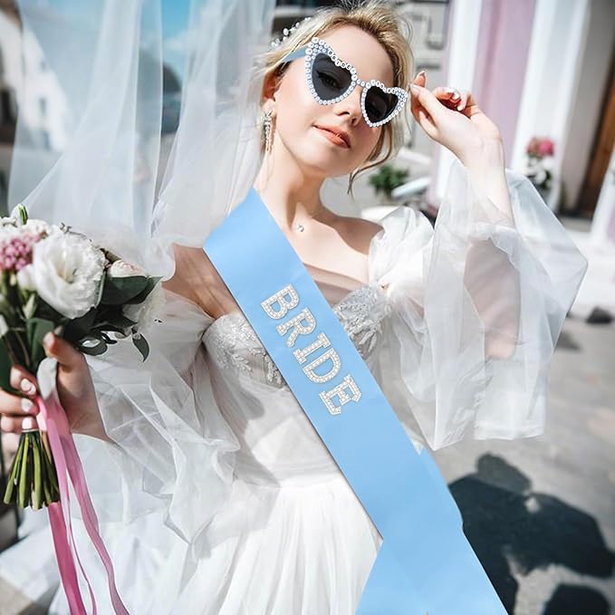 Bride to Be Set: Pearl-Trimmed Heart Sunglasses, Pearl BRIDE Sash & Tulle Veil - Bachelorette Party Bridal Accessories