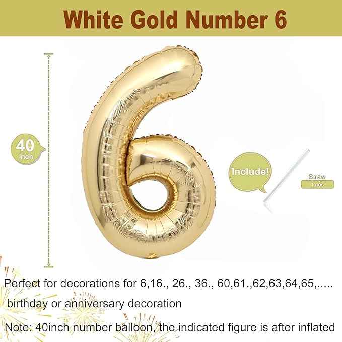 40 inch White Gold Number Balloon Giant Foil Helium Balloons Champagne Gold Number 6 Balloon for 6th Birthday Party Decorations