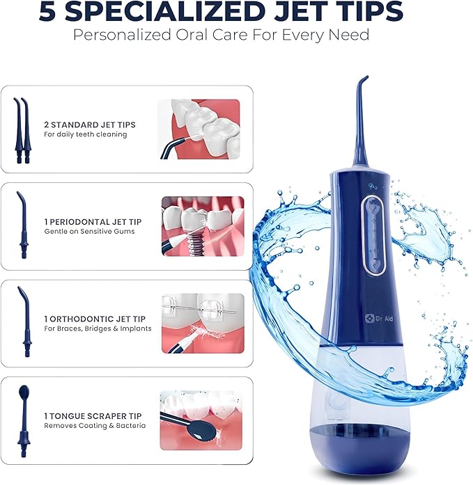 Dr. Aid Dental Water Flosser – Portable Oral Irrigator – 12Oz Tank, Water Filter, 5 Tips, Type C Charger – IPX8 Waterproof Cordless Water Flosser, Ideal Water Flossers for Teeth, Gums, Braces (Blue)