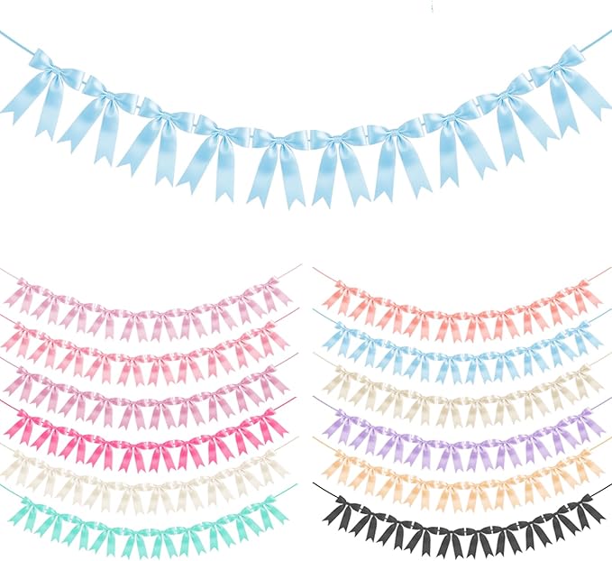 Baby Blue Bow Garland Bow Banner Bow Party Decorations Pre-Strung Large Coquette Satin Ribbon for Birthday Bachelorette Party Bridal Shower Wedding Engagement Baby Shower
