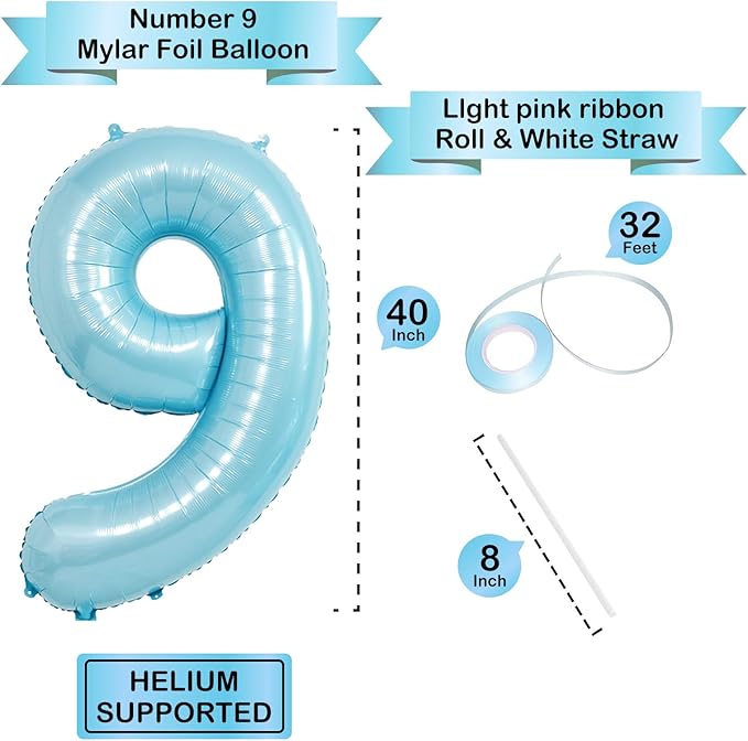 40 Inch Light Blue Number Balloons - Helium Mylar Foil Number 9 Balloon for Birthdays, Boy Baby Shower and Wedding Decorations
