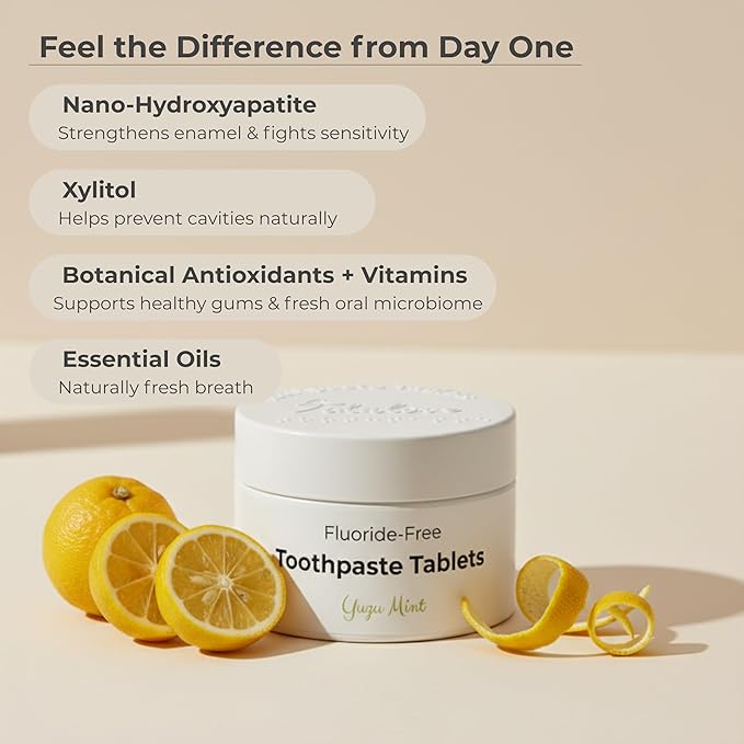Citrus Yuzu Mint Fluoride-Free Toothpaste Tablets with Nano Hydroxyapatite | Natural Whitening, Enamel Strengthening, Plastic-Free & Travel-Friendly (1 Month Refill)-62 Tablets