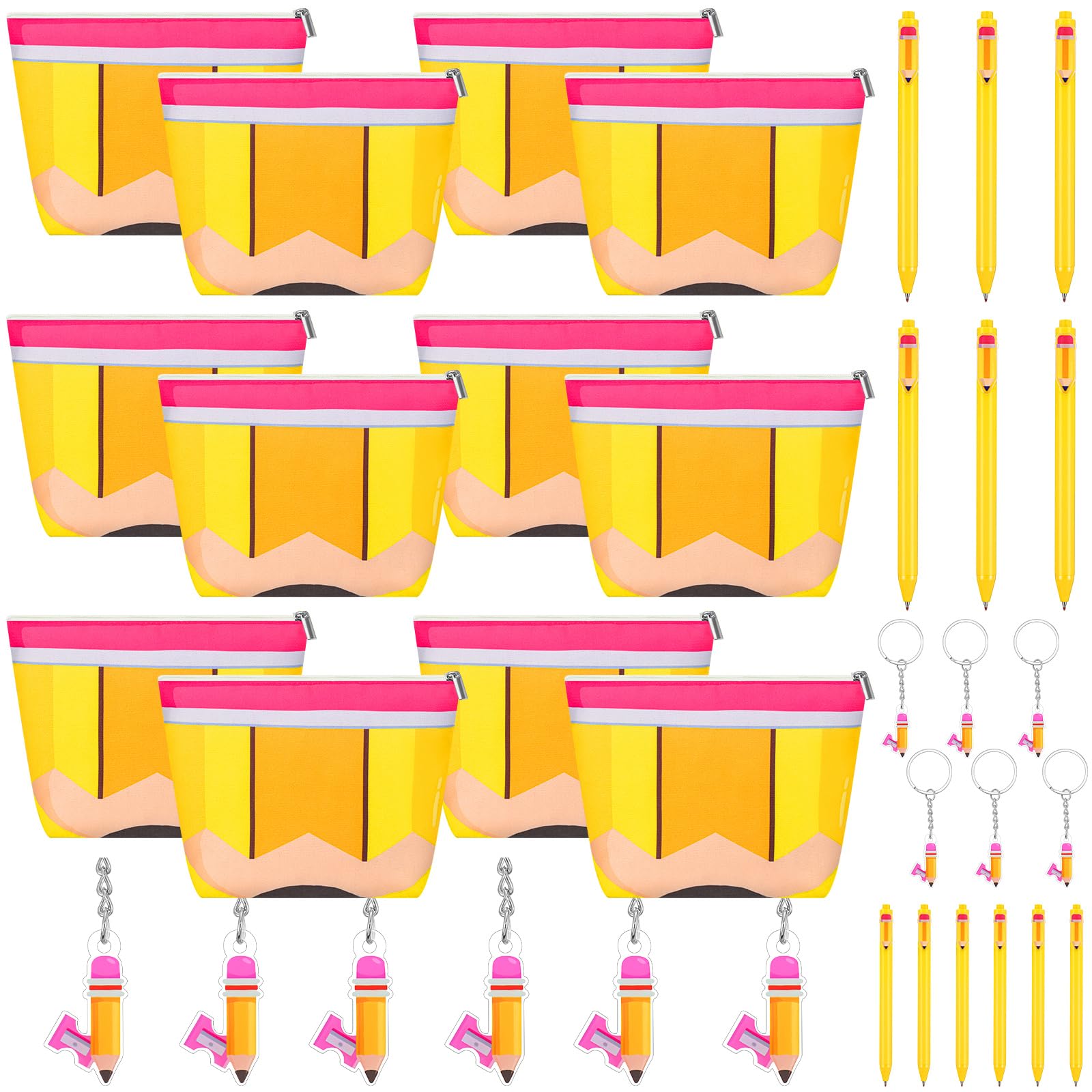 Sunnymove 36 Pcs Christmas Teacher Appreciation Gifts Bulk - Makeup Bags with Pen Keychain Pencil Theme Teacher Thank You Gifts for Women Cosmetic Bag Pouch for Mentor Lecturer