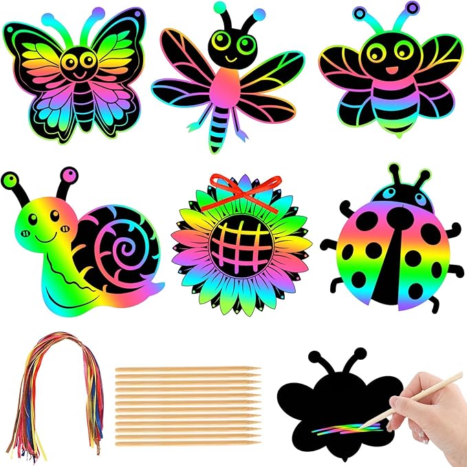 JULMELON 36 Pcs Spring Bugs Scratch Cards, Flower Rainbow Magic Color Art Crafts Kit with 12 Bamboo Stylus and 36 Ribbon for Kids School Classroom DIY Spring Crafts Art Project