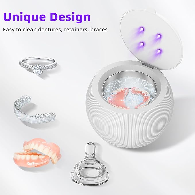 Voraiya Ultrasonic UV Cleaner for Dentures, Aligner, Retainer, Whitening Trays, Night Dental Mouth Guard, Toothbrush Head, Ultrasonic Jewelry Cleaner Machine for all dental Appliances, Diamon (White)