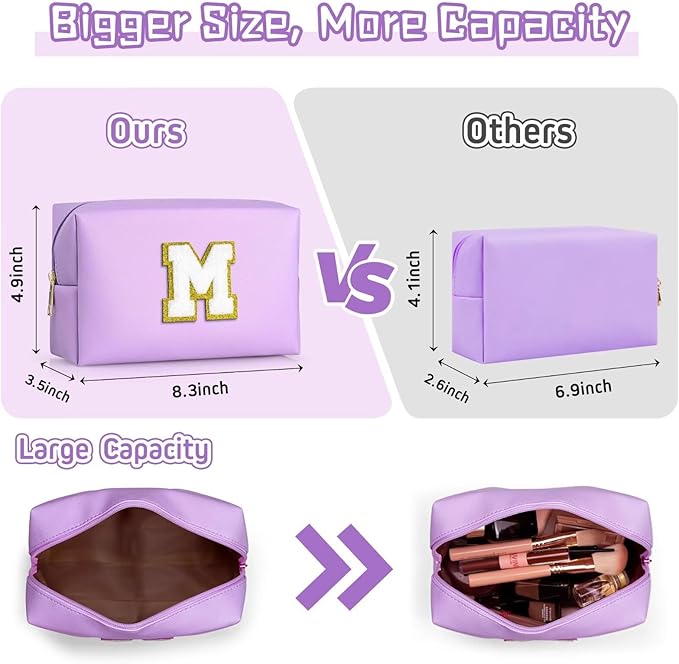TOPEAST Travel Makeup Bag, Personalized Initial Toiletry Bag w Zipper, Cute Makeup Pouch, PU Leather Waterproof Cosmetic Bag, Birthday Gift for Daughter, Preppy Things for Girls (Purple G)