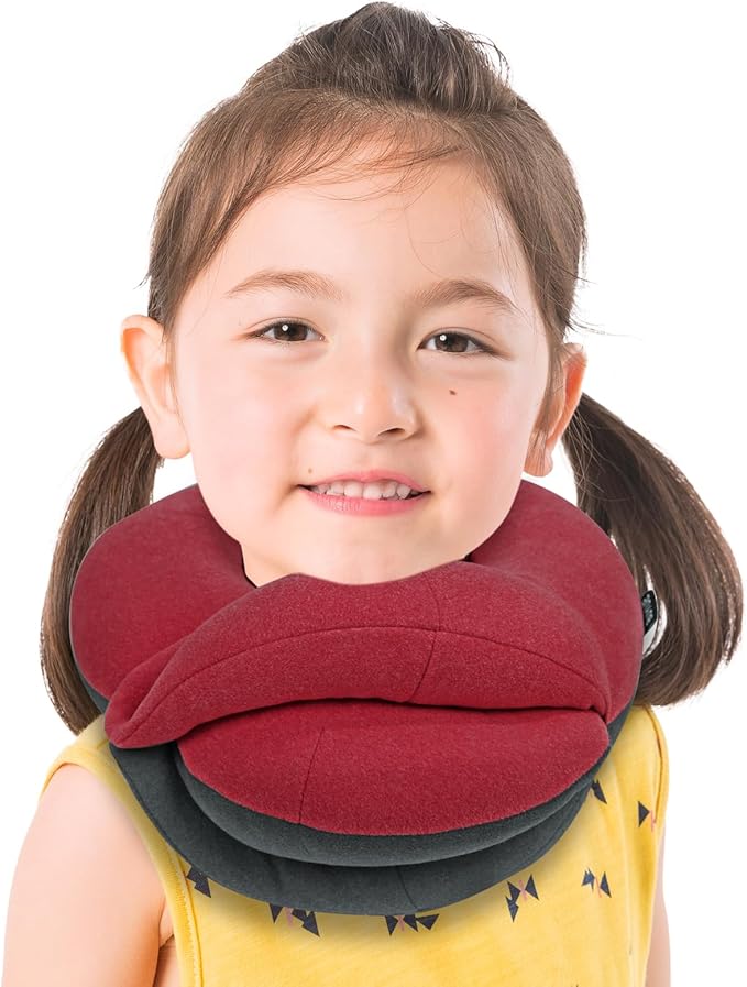 BUYUE Kids Travel Pillows for Airplane, 360° Head Support Sleeping Essentials for Boys Long Flight, Skin-Friendly Soft Neck Pillow for Traveling in Car Seat, (Small, Red Grey, 40-90 lbs)