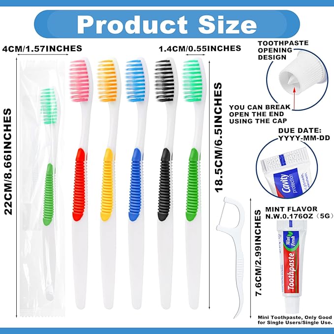 HAIFOTRVA Disposable Toothbrushes with Toothpaste and Floss,50pcs Single Use Individually Wrapped Disposable Travel Toothbrushes and Dental Floss Kit Bulk for Homeless,Airbnb,Dentist,Hotel(5 Colors)