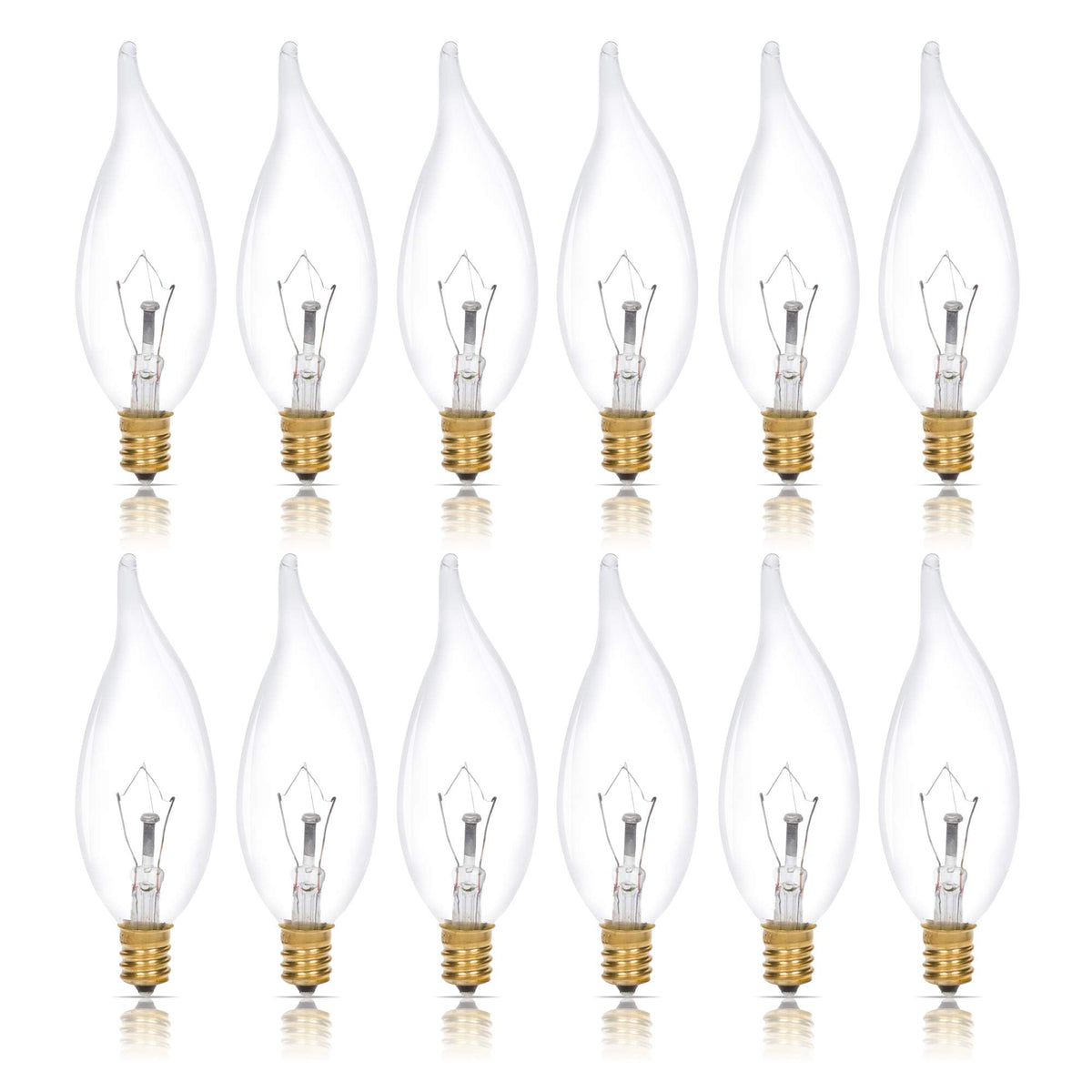 Simba Lighting Candelabra Flame Tip Clear CA10 40W E12 Base 120V, 12 Pack