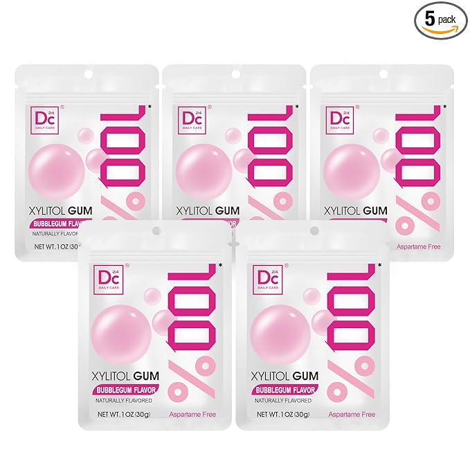 DC24 DAILY CARE 100% Xylitol Gum | Aspartame Free Chewing Gum | Natural Bubblegum Flavored Sugar Free Gum, 20 Pieces, Pack of 5